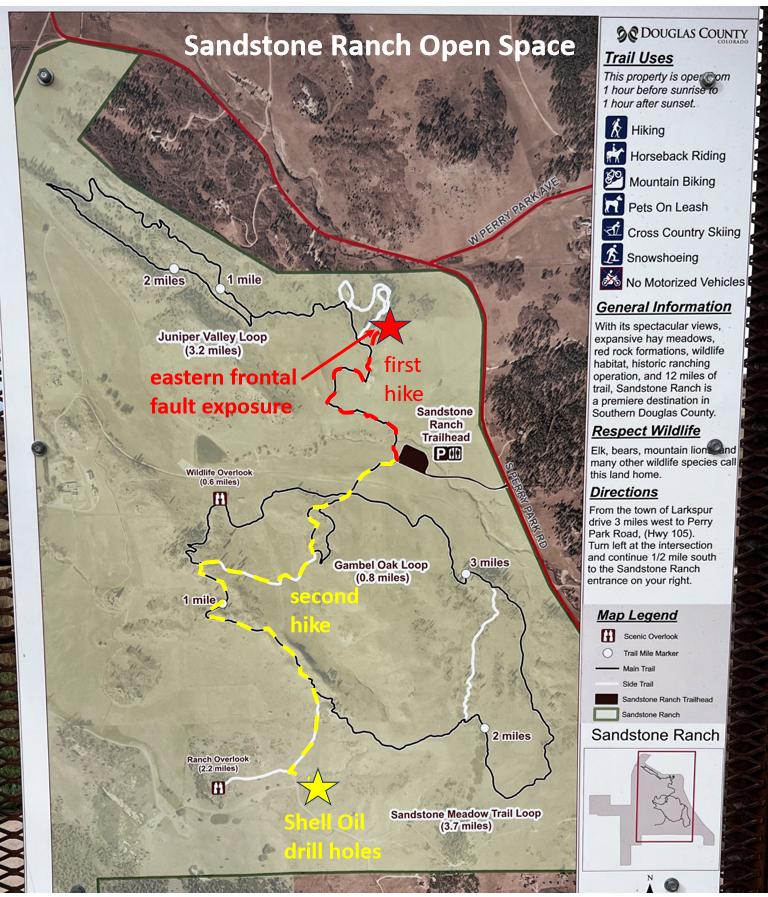 Sandstone Ranch map, with route of both hikes